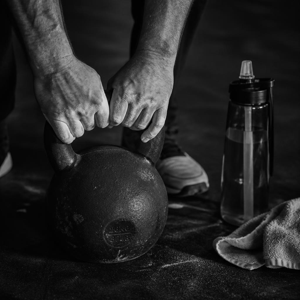 Kettlebell with water bottle and towel