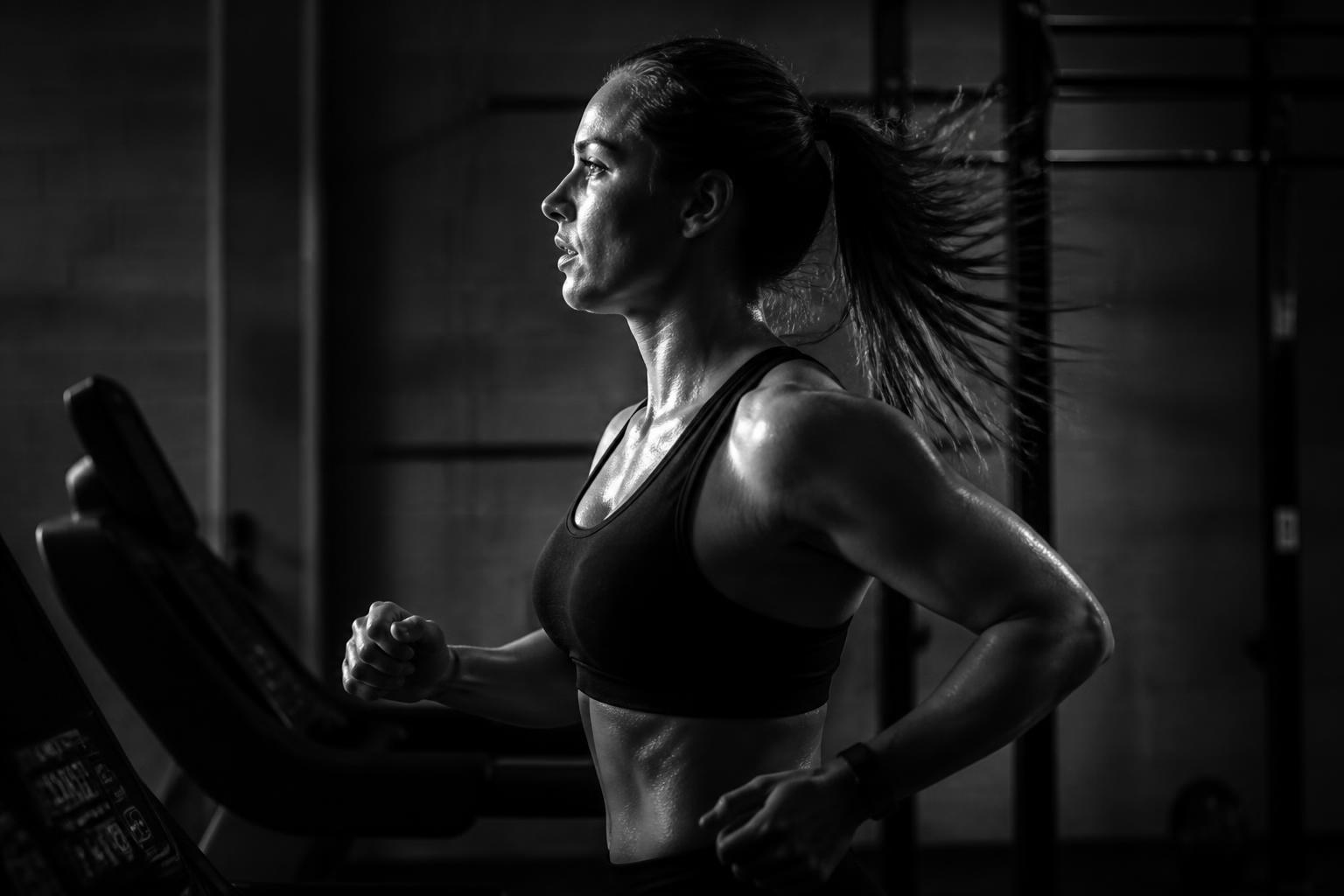 Woman running on treadmill in dark gym