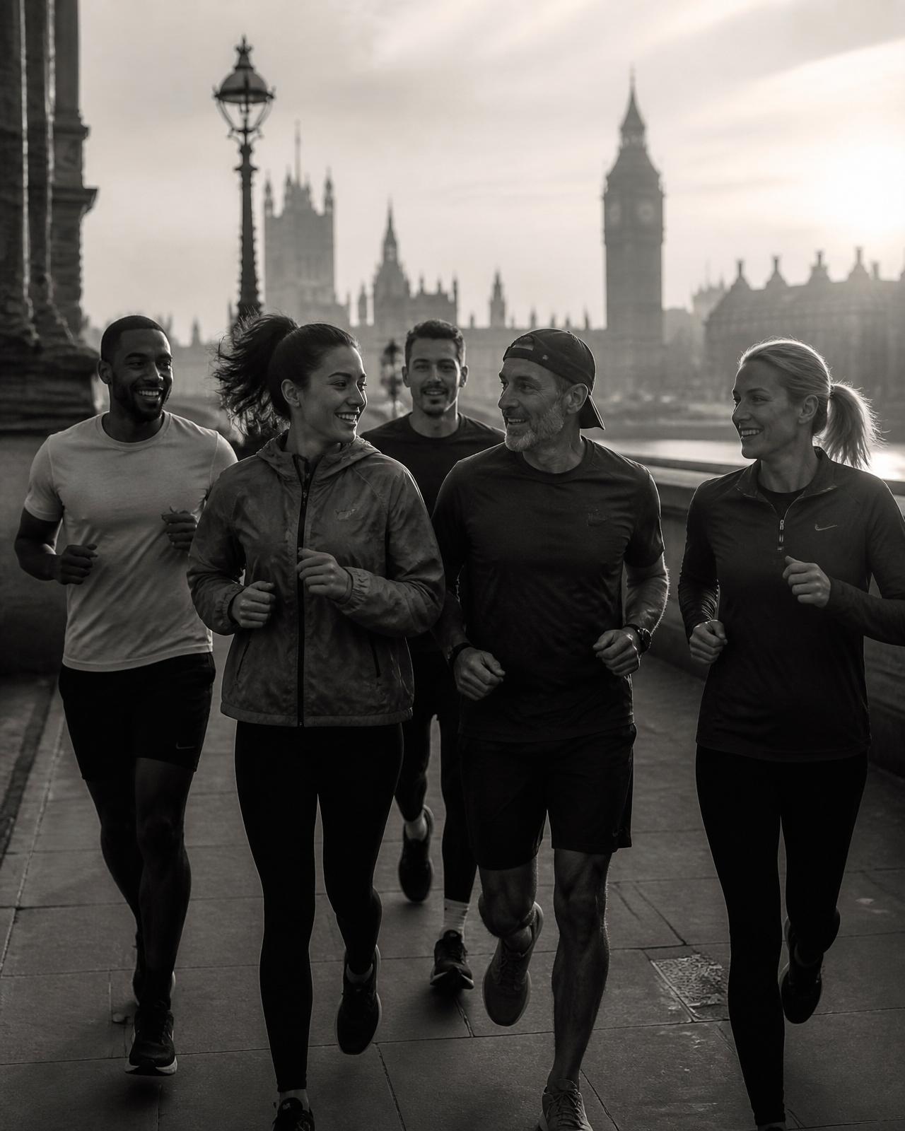 On Form LDN Run Club — small group running together through London at golden hour